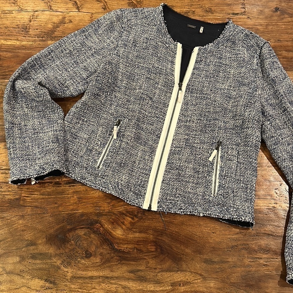Elie Tahari Collarless Tweed Zip Cropped Blazer Size Large - Picture 3 of 13